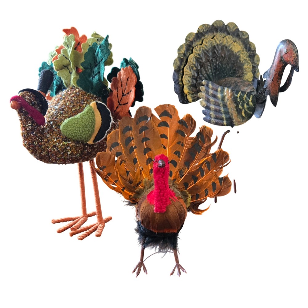 Thanksgiving Turkey Decor Set of 3 Figurines Rustic Metal Sequin Plush Feathered